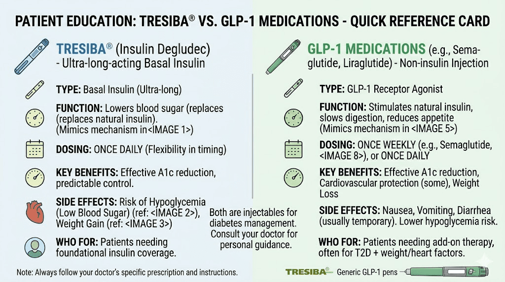 Patient quick reference card comparing Tresiba insulin to GLP-1 receptor agonist medications