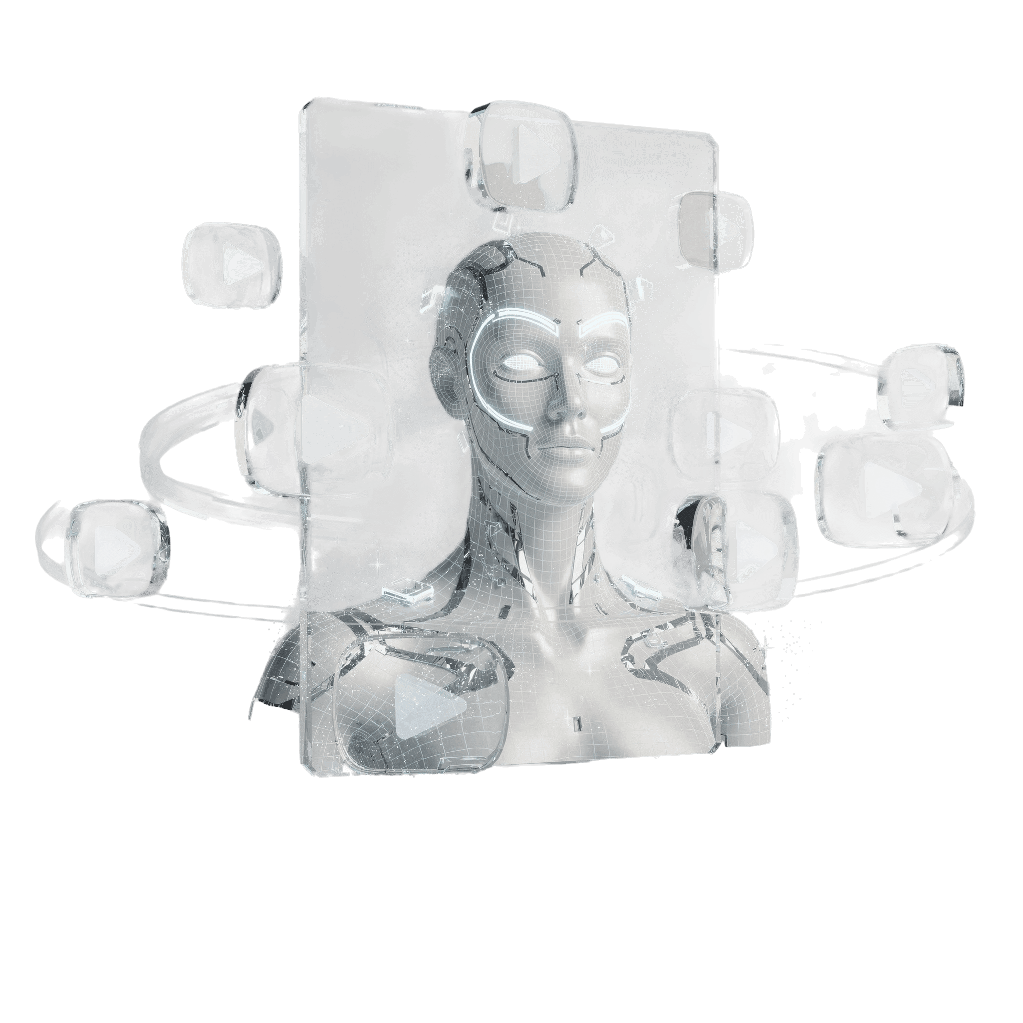 A 3D render of a silver, wireframe bust of a female android is centered against a white background