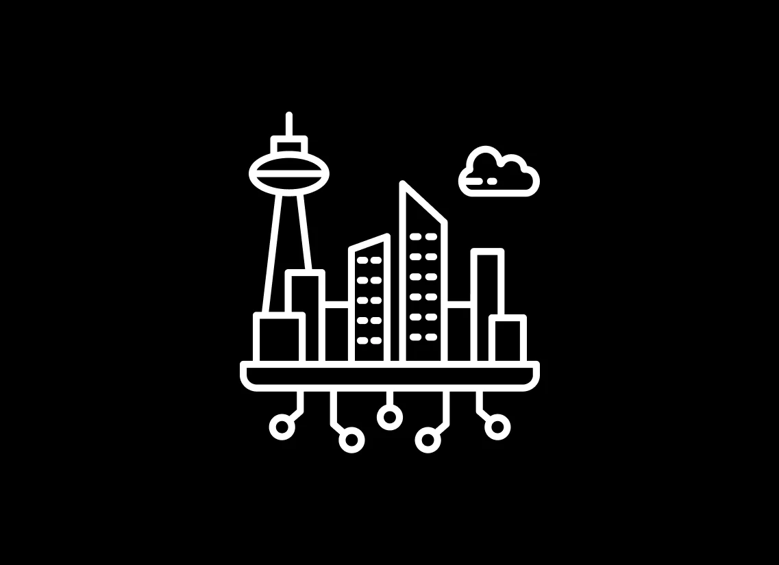 Line illustration of a connected city skyline with cloud and sensor nodes, representing a city digital twin