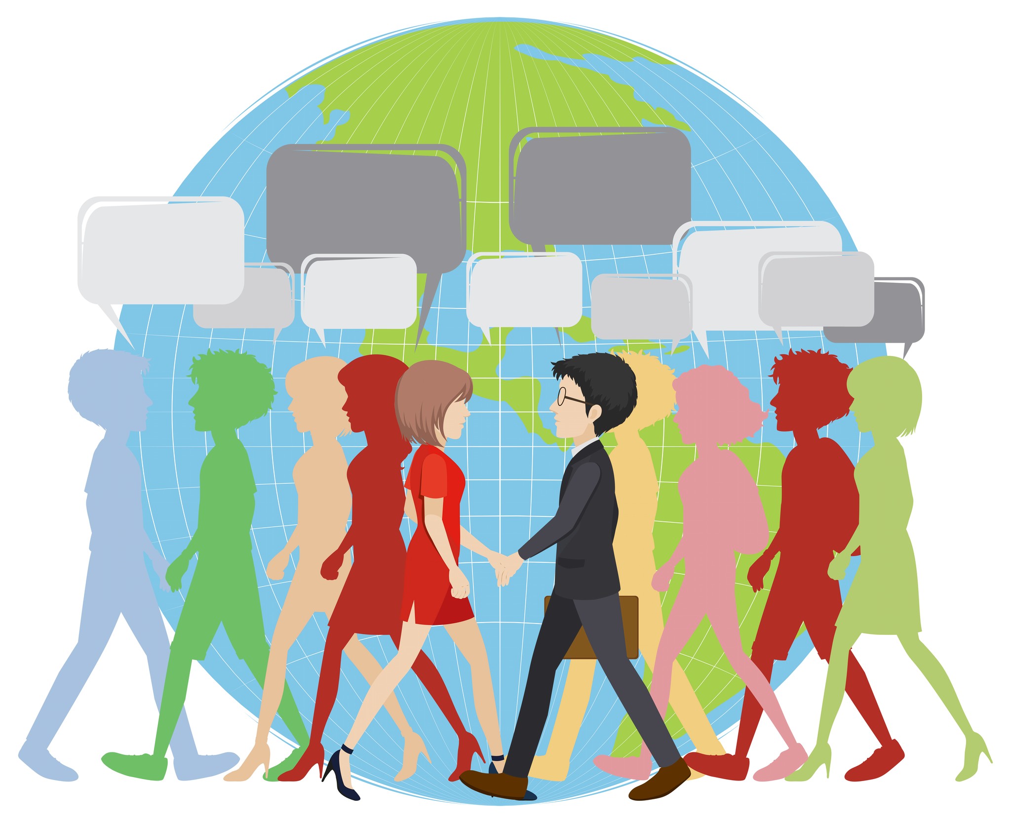 Diverse individuals walking around a globe, engaging in conversation represented by colorful speech bubbles above them.