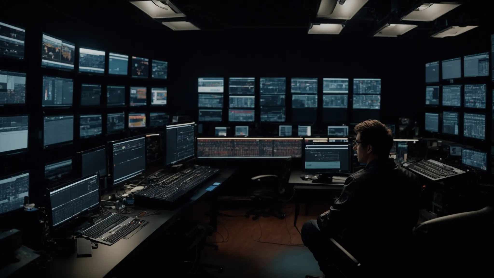 a director sits before a vast array of editing screens, intensely focused on fine-tuning the final cut of a music video.