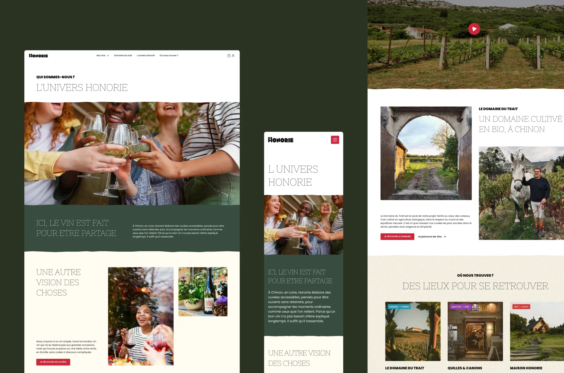 Interfaces desktop et mobile du site Honorie présentant la marque, le domaine et ses lieux