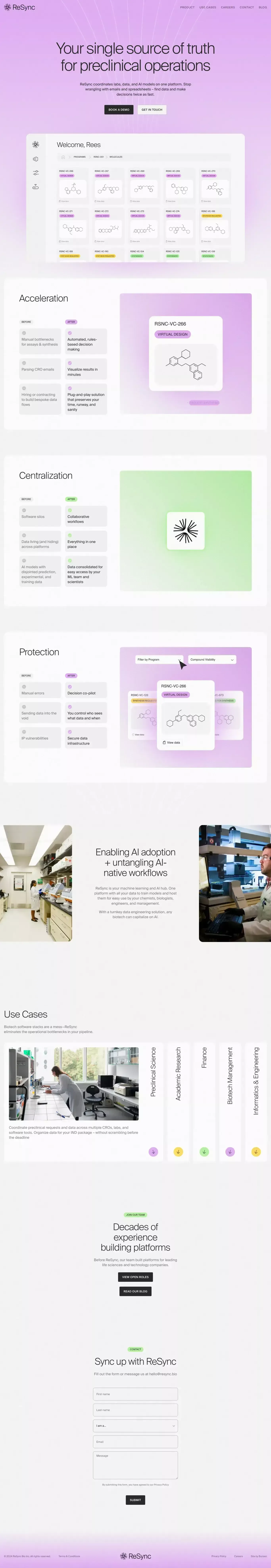 ReSync Bio landing page screenshot showcasing AI and Tech design
