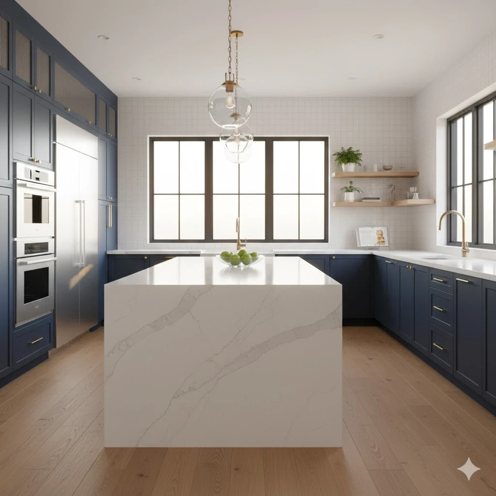 Modern bathroom remodel with double vanity, frameless glass shower, and custom cabinetry by PEI Builder