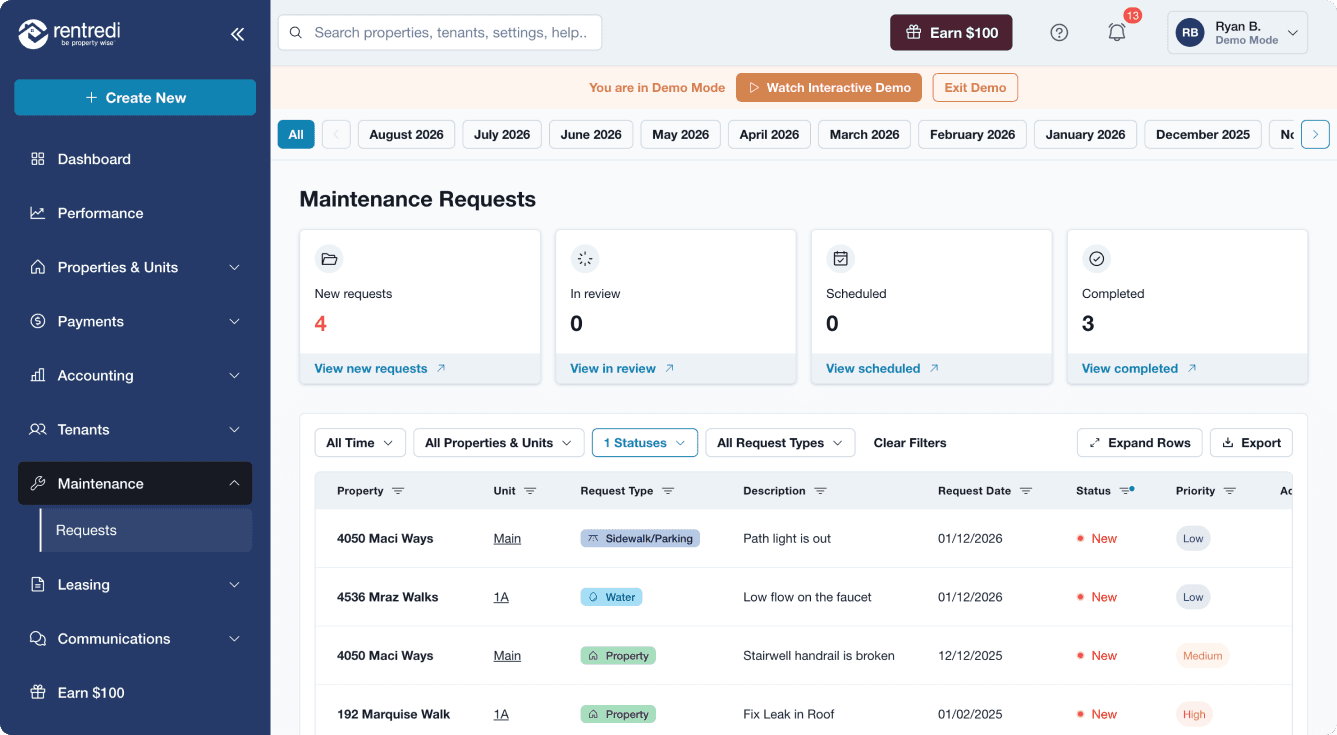 Screenshot: Tenant Submit Maintenance Request