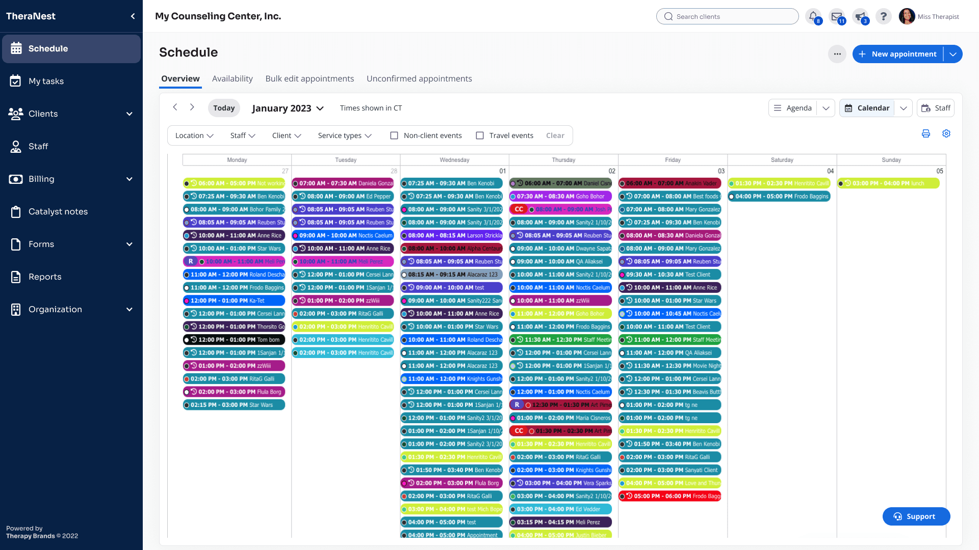 TheraNest multi-day scheduling calendar filled with color-coded appointments, illustrating high schedule density across multiple providers and time blocks.