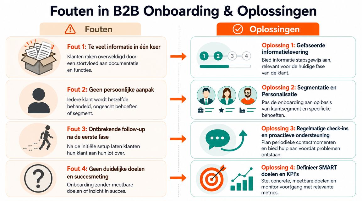 Een overzicht van veelgemaakte fouten tijdens B2B-onboarding en bijbehorende praktische oplossingen voor een betere klantbeleving.
