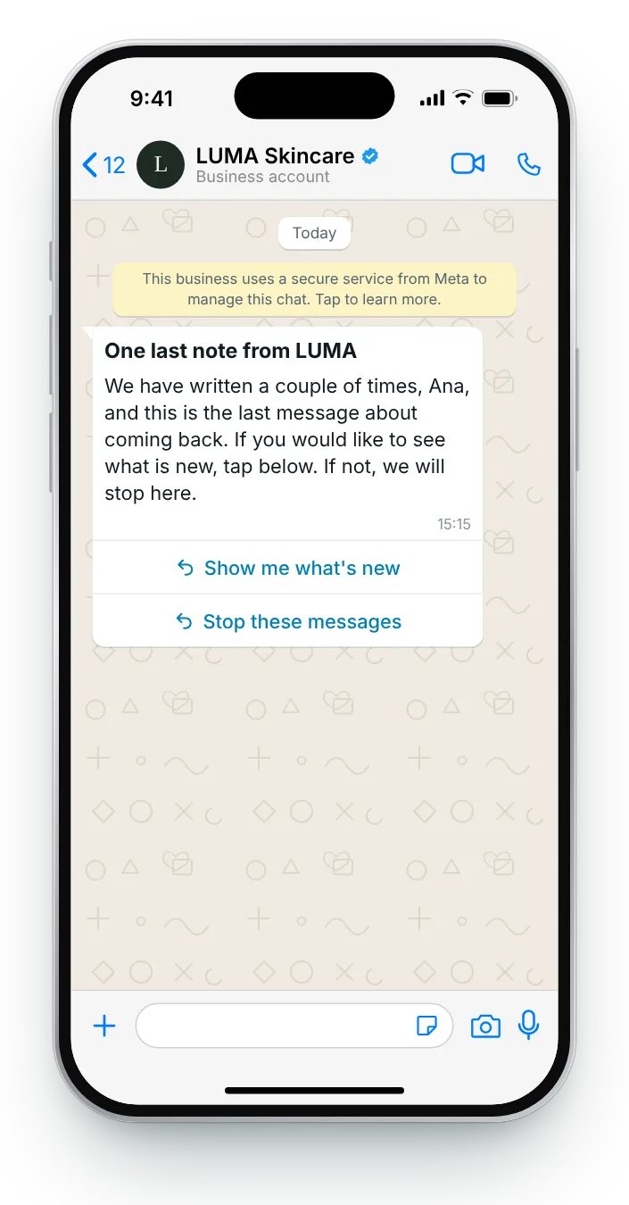 The final win-back message: WhatsApp win-back message on an iPhone
