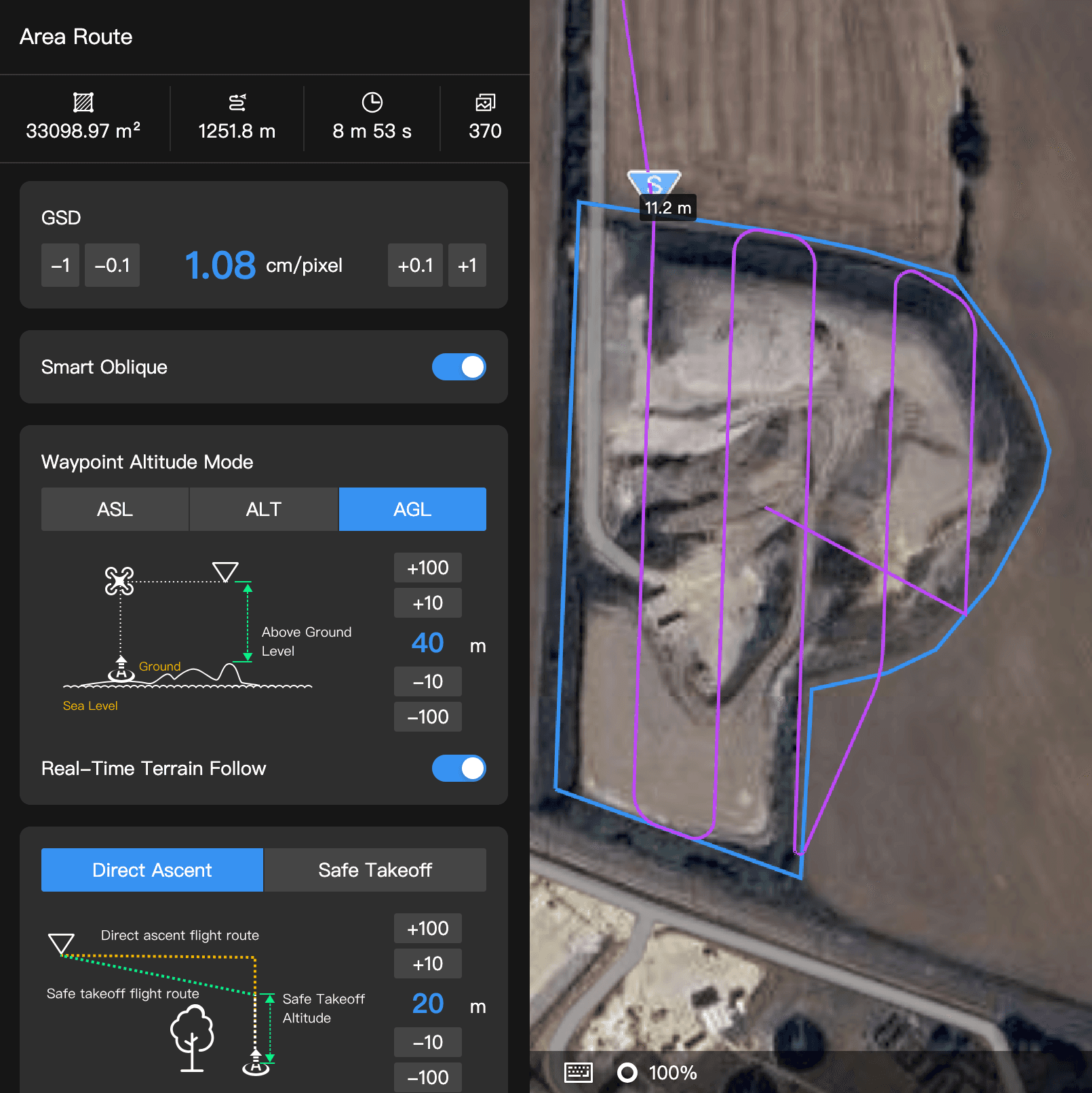 DJI drone flight planning interface for an industrial site survey, showing mission parameters: 3.3-hectare area, 1.08cm GSD, and real-time terrain follow enabled at 40m AGL.