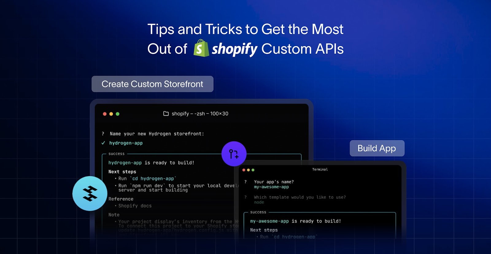 Terminalfenster, die mit der Shopify CLI eine Hydrogen-Storefront und eine Custom App anlegen