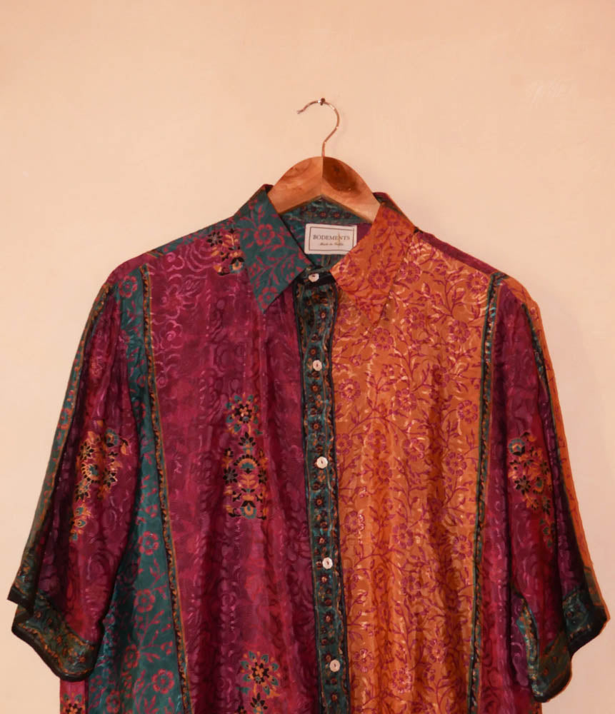 Raga is our one-of-a-kind oversized multi-colour printed shirt, handcrafted by skilled artisans in-house using a one-of-a-kind vintage silk saree.