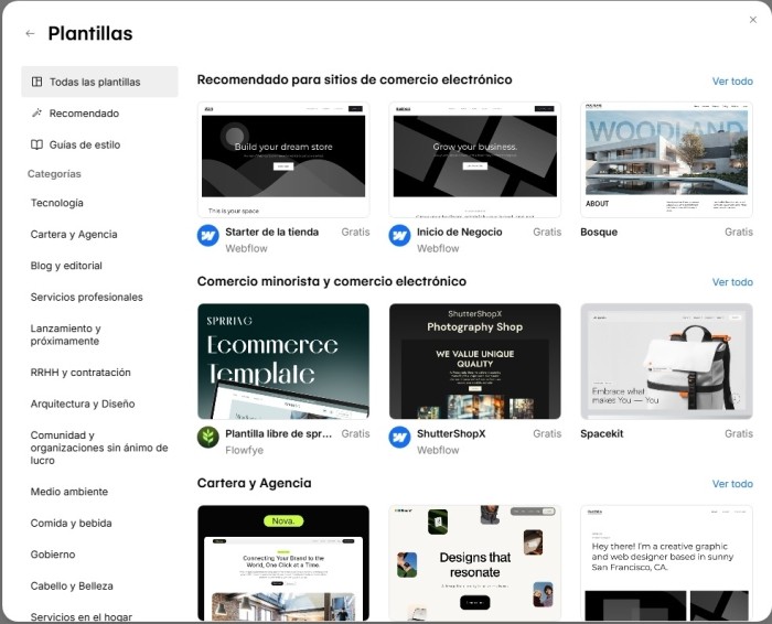 Creación de nuevo proyecto eCommerce en Webflow desde el dashboard.