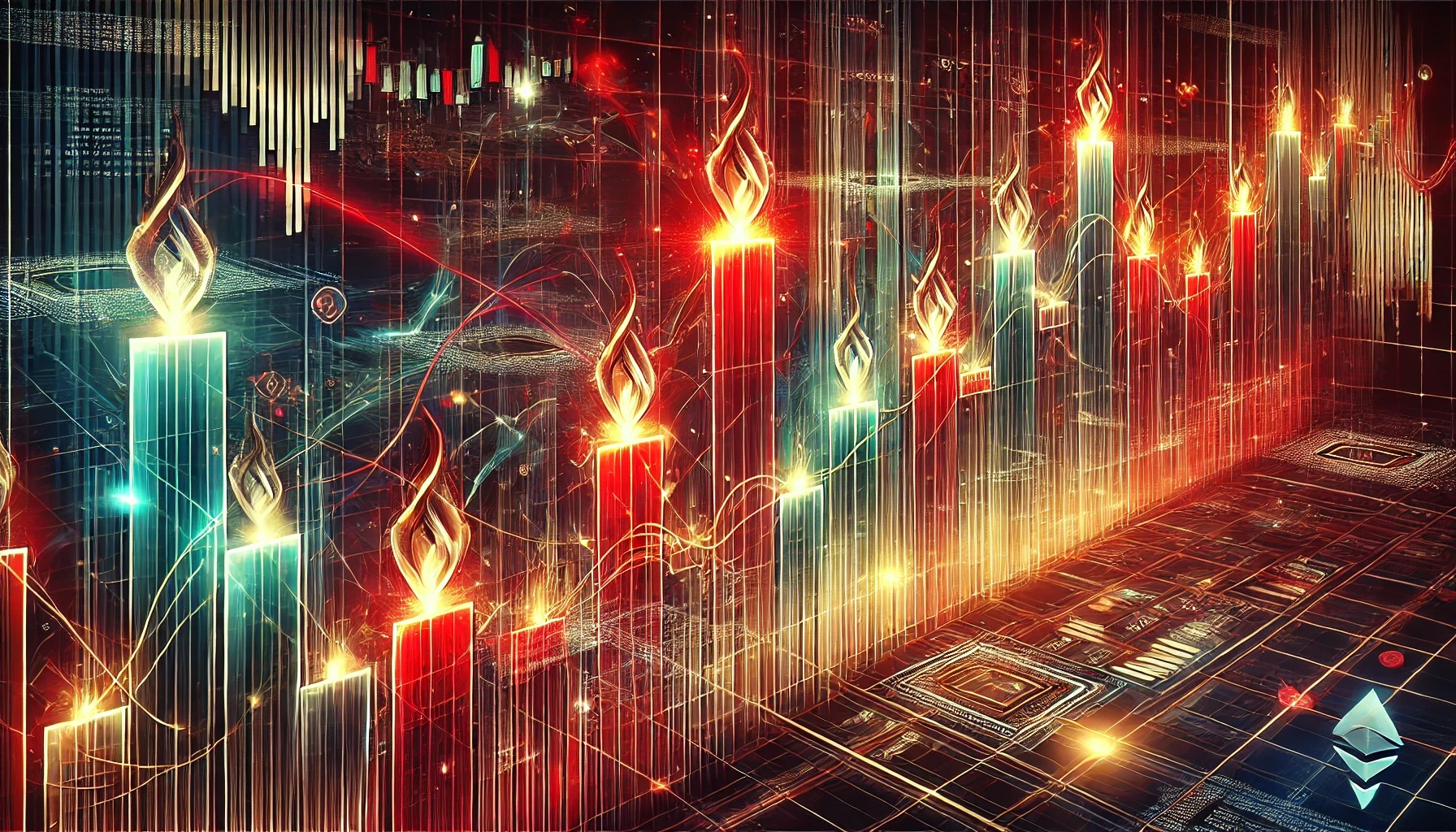 Crypto-themed image featuring charts, digital coins, and market trends, representing cryptocurrency trading and blockchain technology.