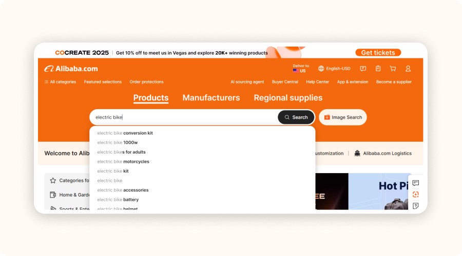 Alibaba product search “electric bike”