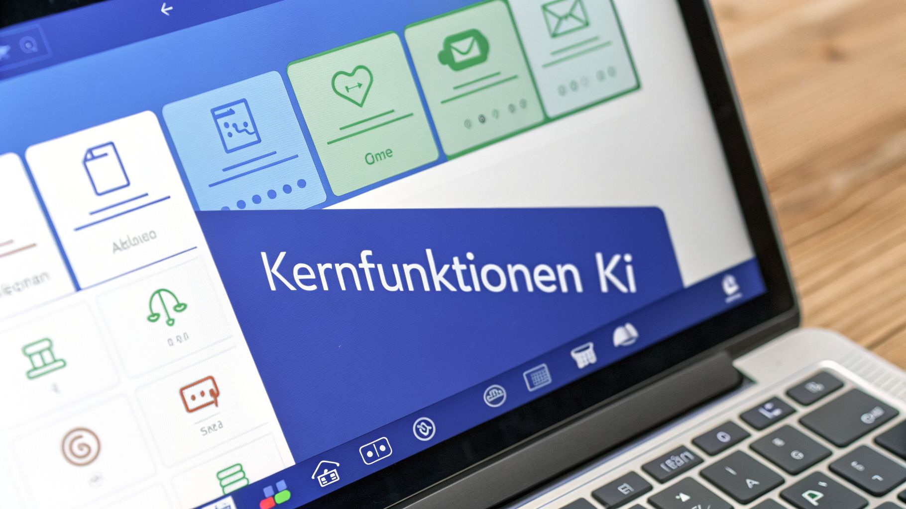 Nahaufnahme eines Laptop-Bildschirms mit einer Anwendung, die Kernfunktionen und verschiedene Symbole anzeigt.