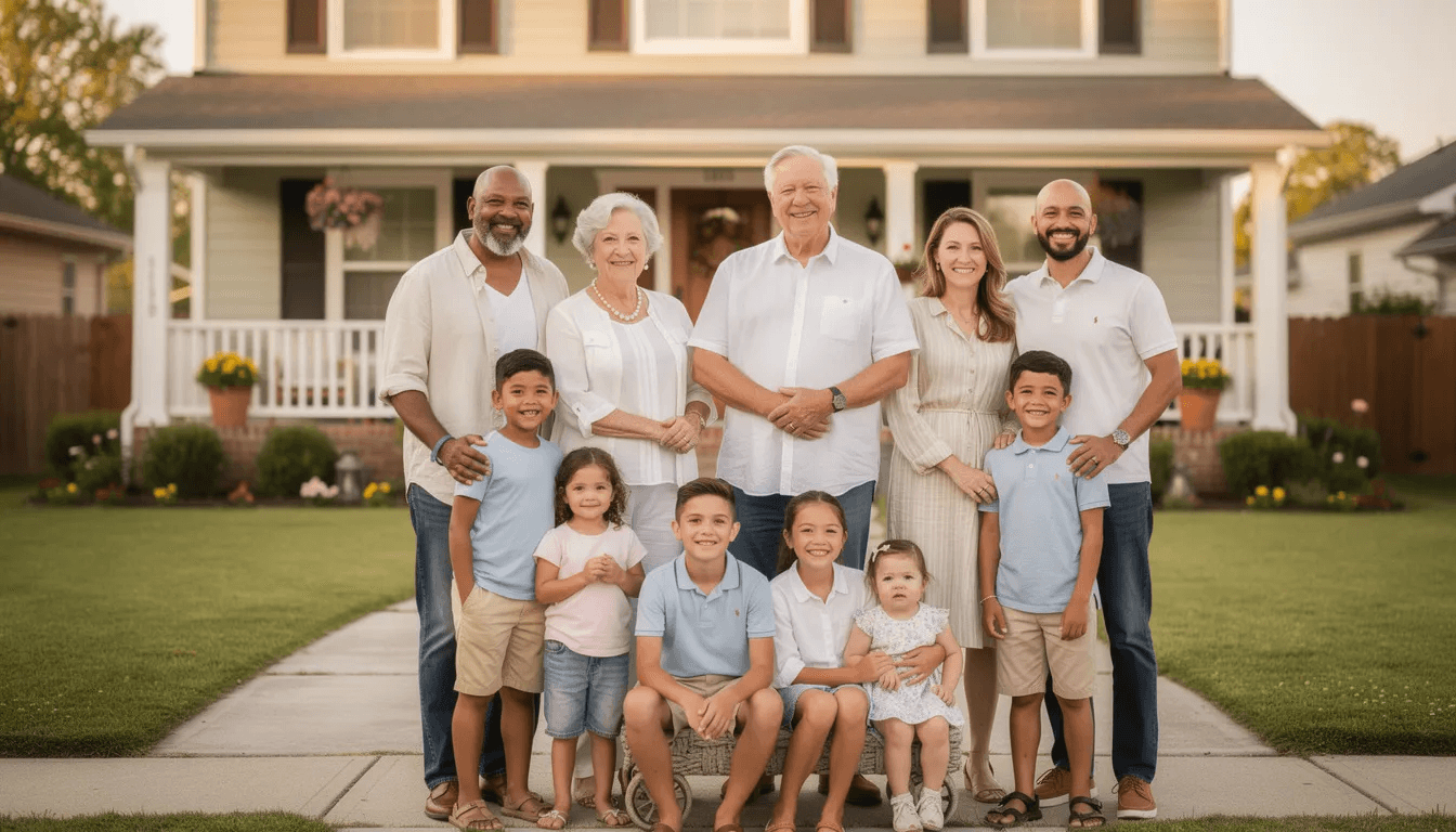 The image depicts a multi-generational family joyfully gathered in front of their family home, symbolizing the importance of estate planning and the relationships that can benefit from legal arrangements like an irrevocable trust. This scene highlights the value of managing assets and protecting them for future generations.