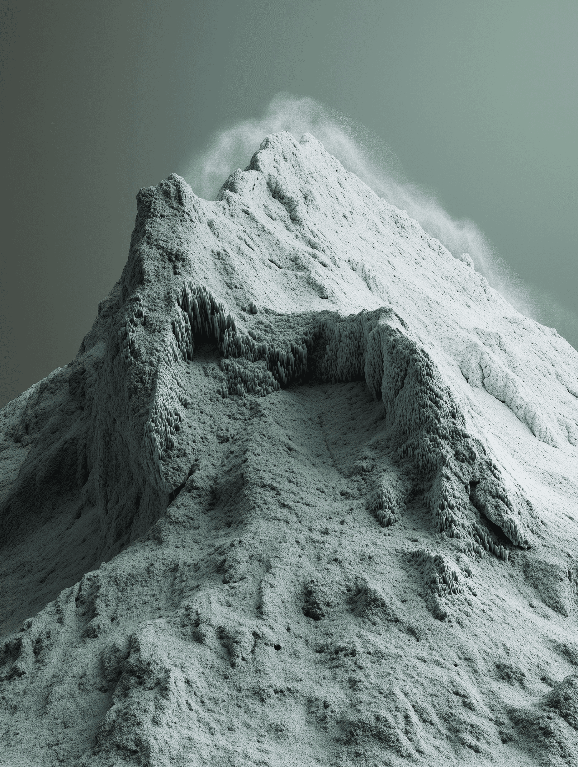 A photo of white powder in the shape of a mountain, covered with greenish-blue microcrystal formations, creating an atmosphere full of mystery. A small amount of dust can be seen on the surface of some sand particles in the picture. In front of it stands a tall mountain made up entirely from that very same kind of fine, futuristic landscape, resulting in a hyper-realistic depiction., shot from above in an extreme close-up with high-resolution photography, with light gray and green tones, minimalism   --ar  3:4