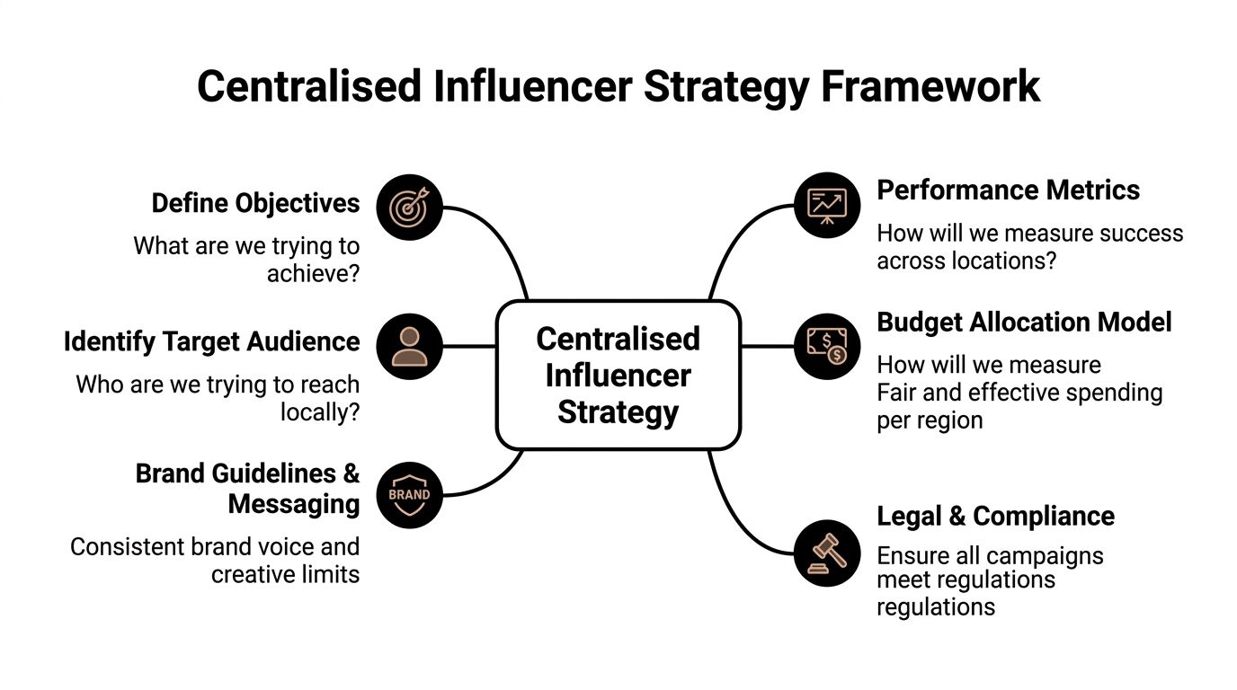 A diagram outlining a centralized influencer strategy framework with six key pillars for global brand management.