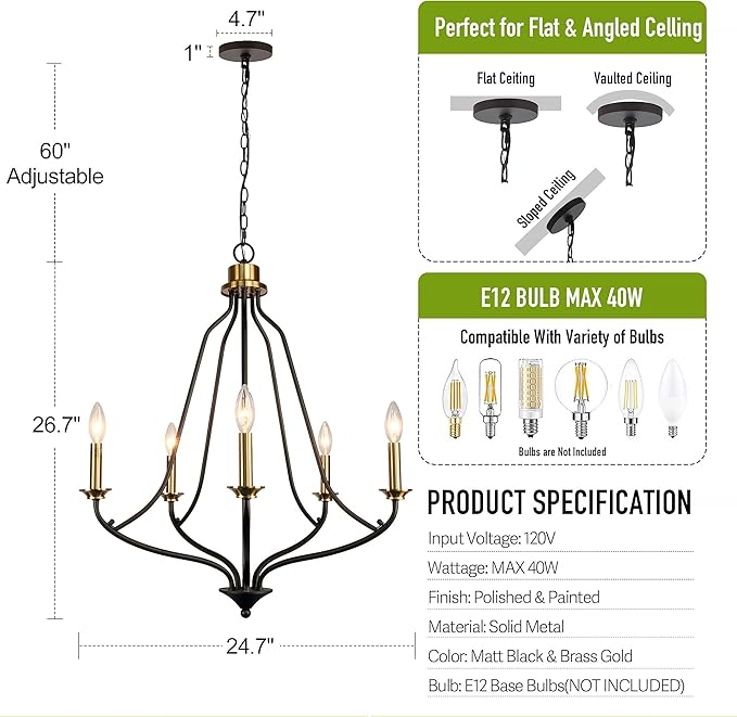 Brass and black chandelier brings elegance and charm to any space.