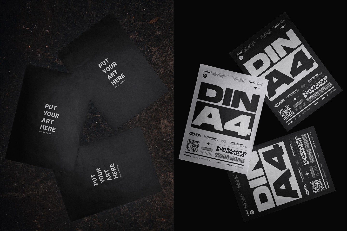 hree A4 posters lying loosely on a dark, rough concrete basement floor with realistic lighting