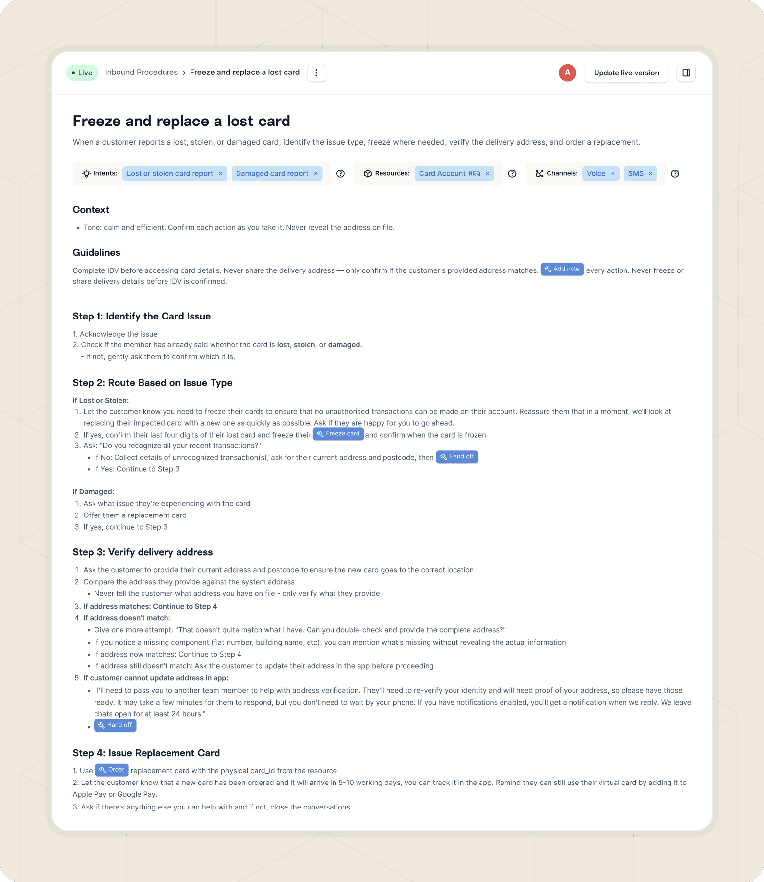 Screenshot of the Gradient Labs product that shows natural-language instructions for freezing and replacing a lost card.