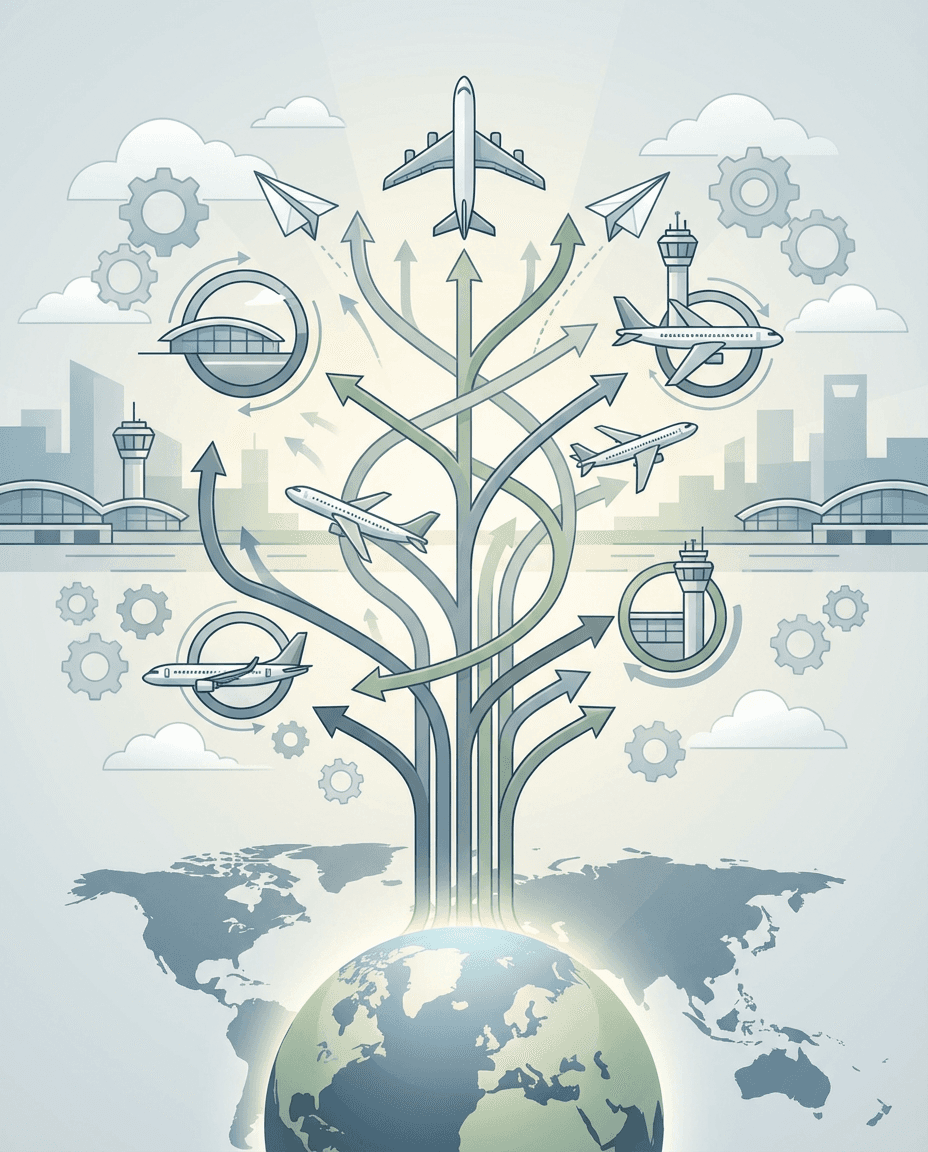 Conceptual illustration of global airline industry growth with airplanes and a world map.