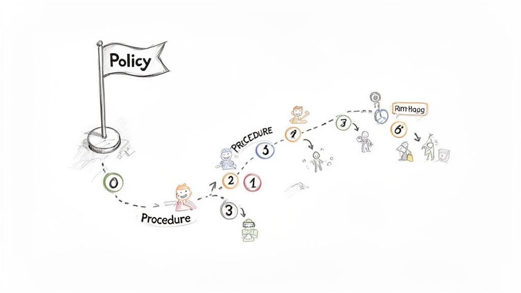 A whiteboard drawing illustrating a Policy flag leading to a winding Procedure path with numbered steps and stick figures.
