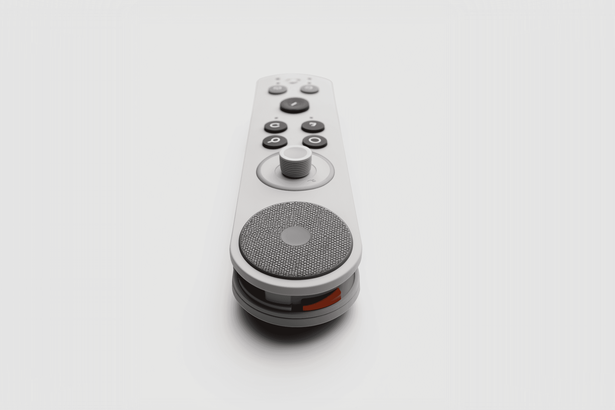 Minimalist white remote control with textured pad, joystick, and black buttons. Perfect for smart devices or gaming systems.