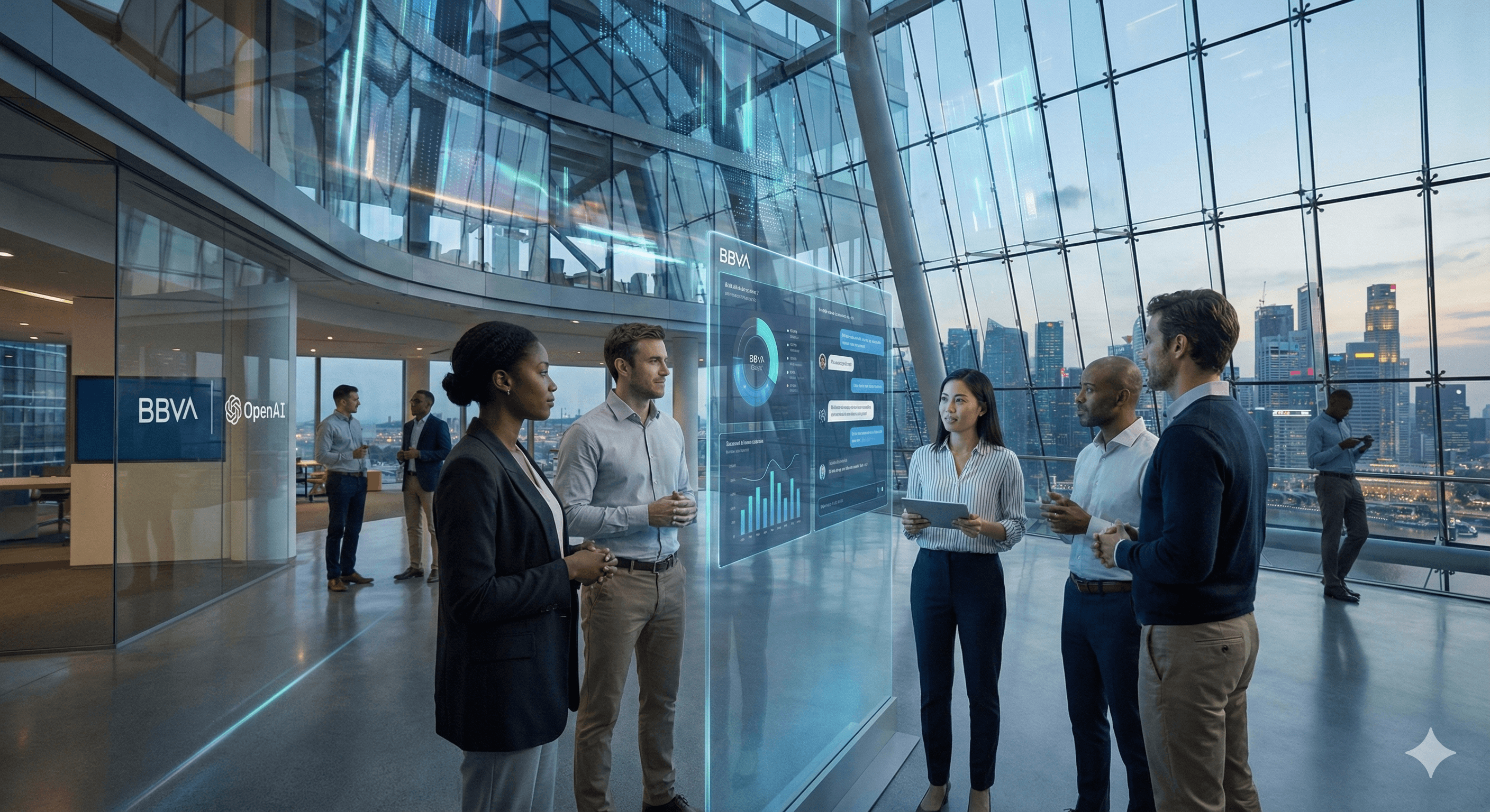 A group of professionals engages in a discussion around a digital display inside a modern, glass-walled office with a cityscape view, highlighting an integration of innovative technology and business in a contemporary workspace.