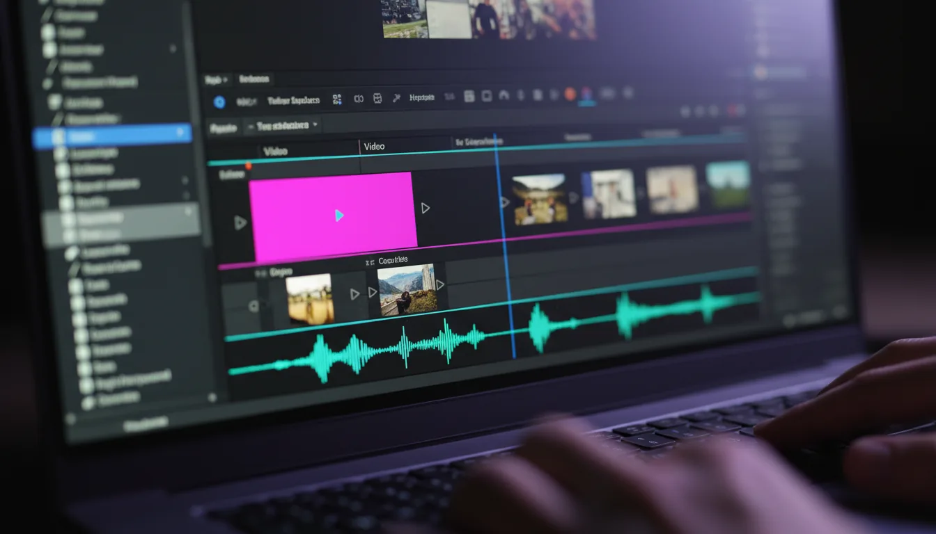 DSLR close-up photograph of a modern dark mode video editing software interface, similar to Adobe Premiere Pro or DaVinci Resolve. The timeline is in sharp focus around a vertical blue playhead, showing video clips with thumbnail previews and a prominent magenta clip on the top track. Below, vibrant teal audio waveforms are visible. The shot uses an extremely shallow depth of field, creating a beautiful bokeh effect on the blurred UI elements in the foreground and background. The only light source is the natural glow from the computer screen.