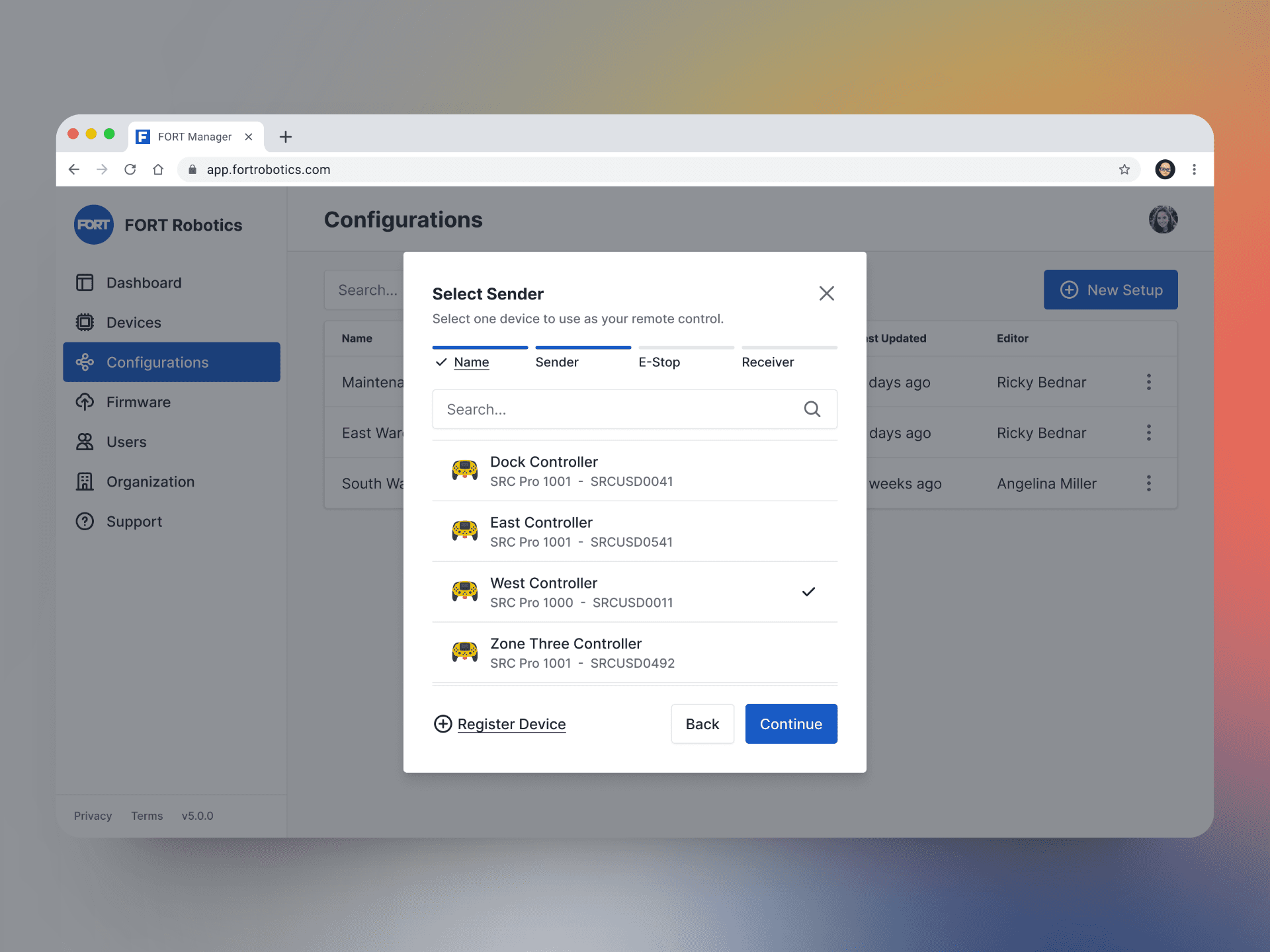 new fort manager select sender modal view