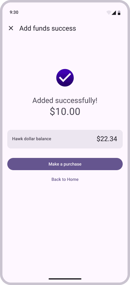 Mid-fidelity design of a check-out confirmation screen, showing the amount added, current balance, and two buttons: one for 'Confirm Purchase' and another for 'Return Home.
