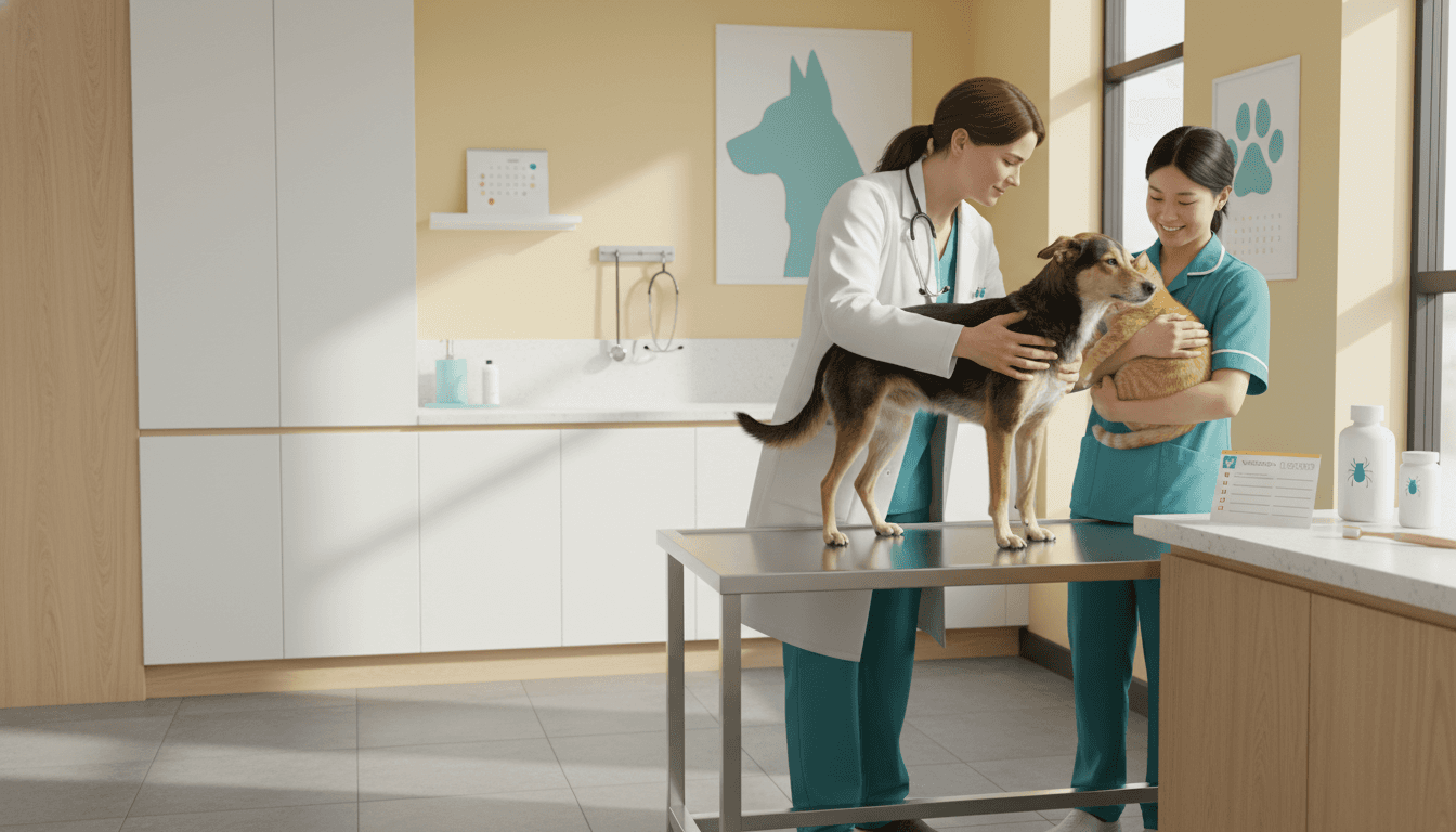 Veterinarian examining a cheerful dog while a nurse holds a relaxed cat in a bright UK clinic with subtle preventative care items on the counter