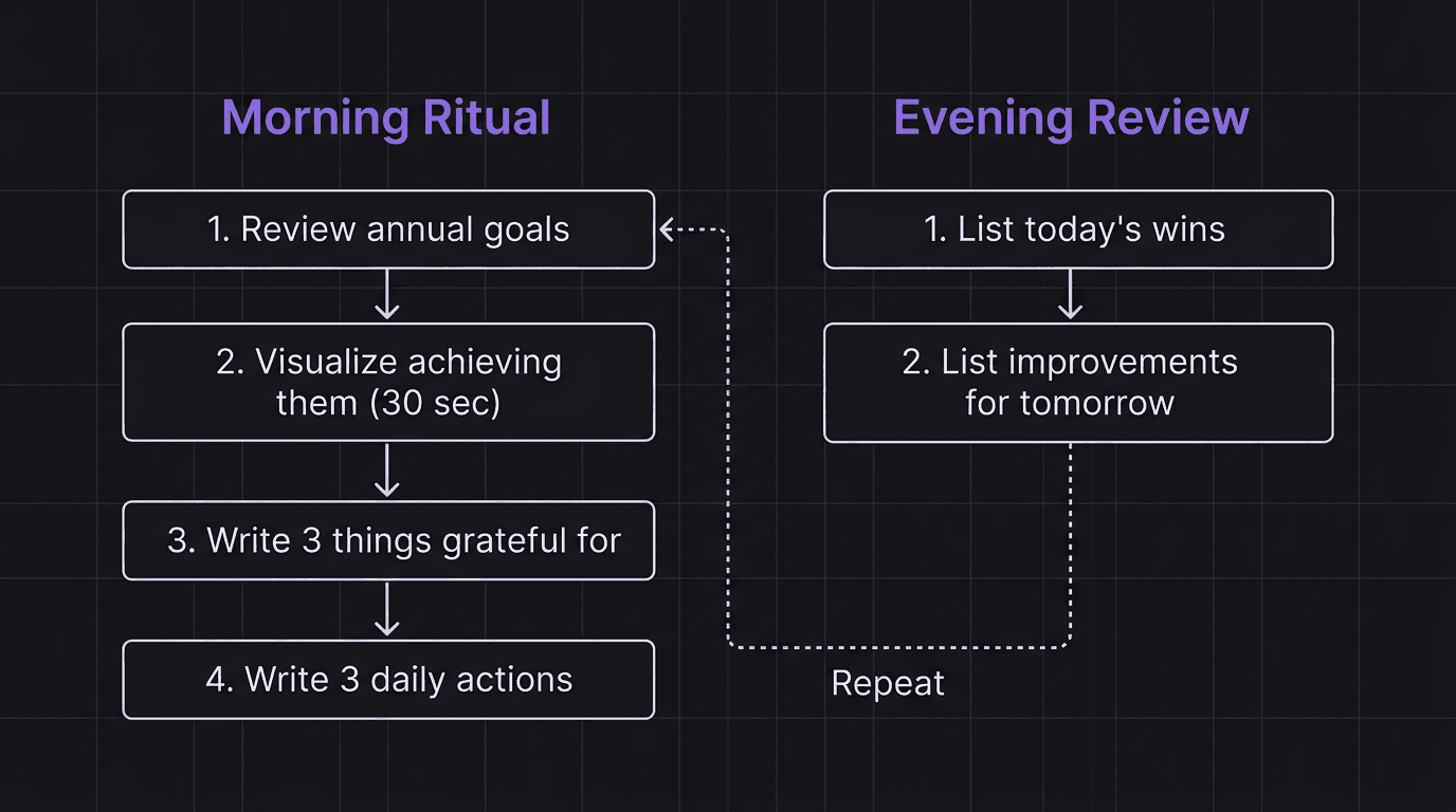 Daily trading goal ritual showing morning and evening review steps