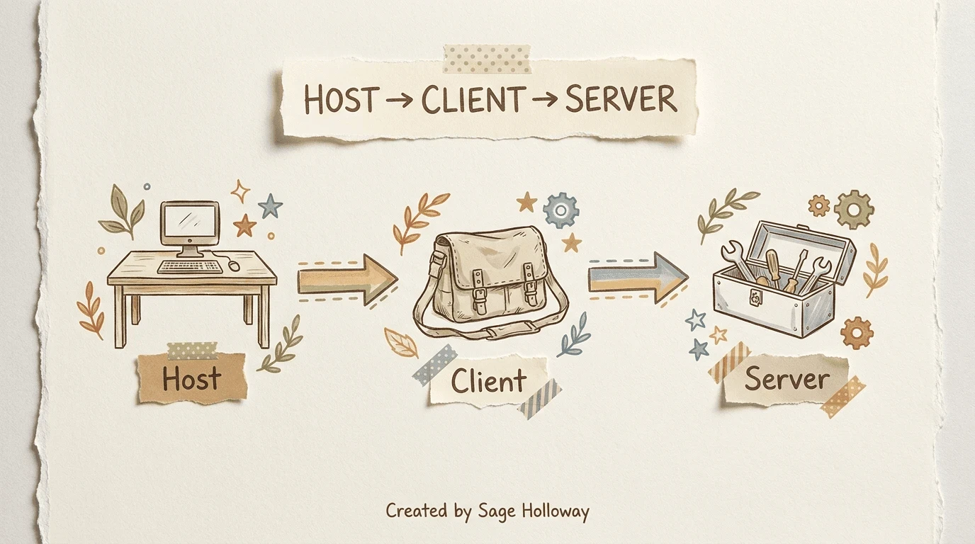 Scrapbook diagram of MCP host, client, and server flow for Claude Code