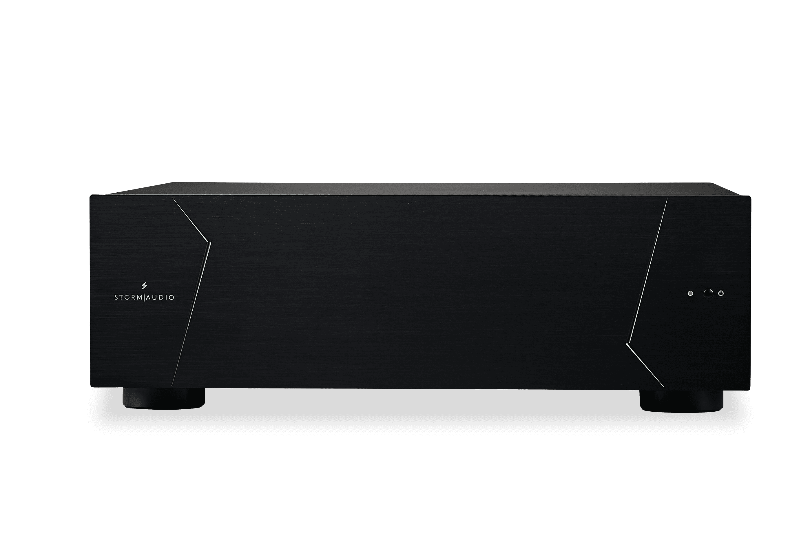 Black StormAudio amplifier with angled lines and feet.