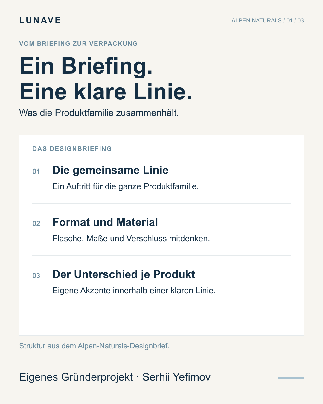 Zusammenfassung des Alpen-Designbriefings mit Markenlinie, Format und Material sowie Produktdifferenzierung.