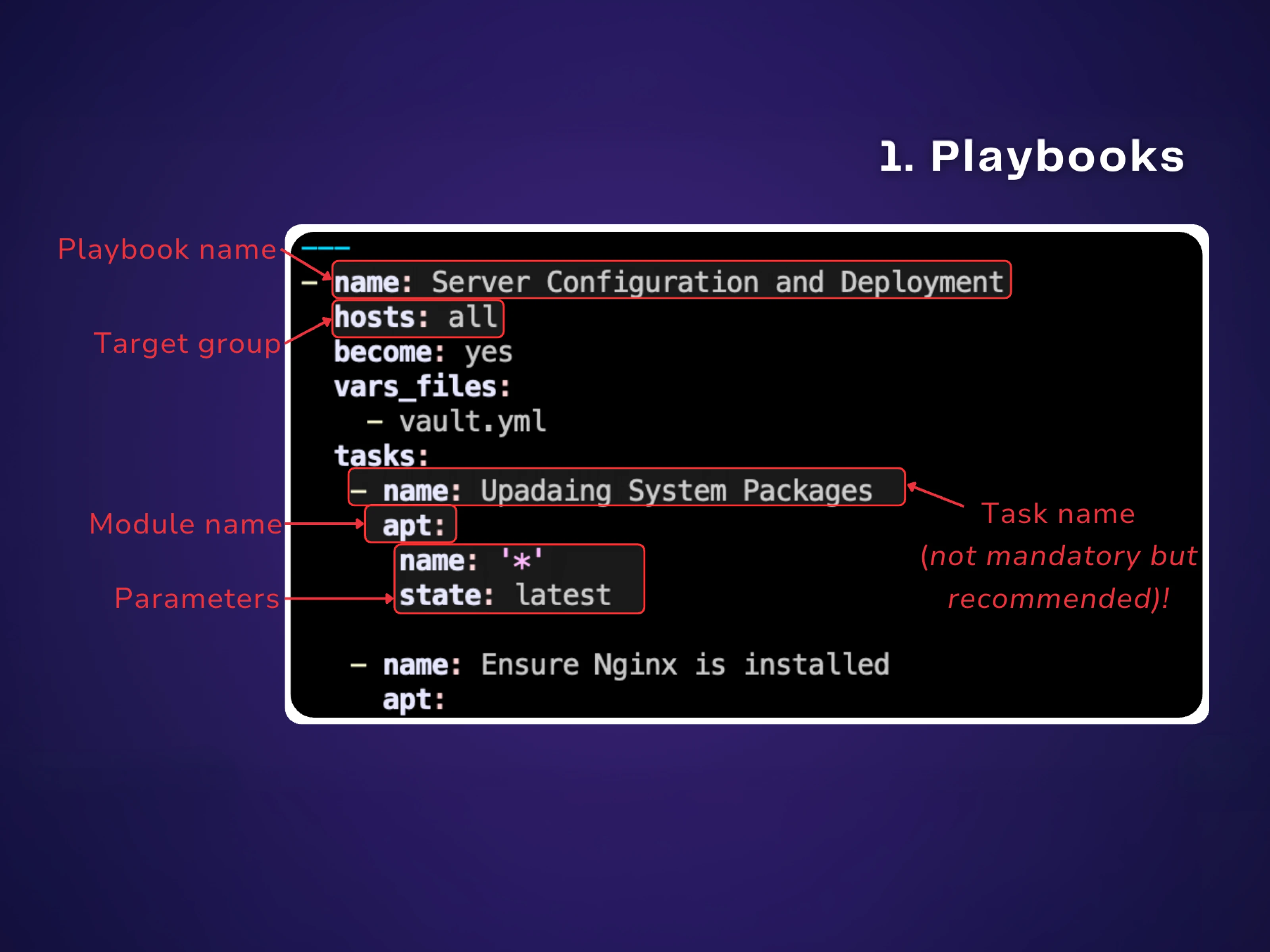 Ansible playbook showing server configuration and package management tasks