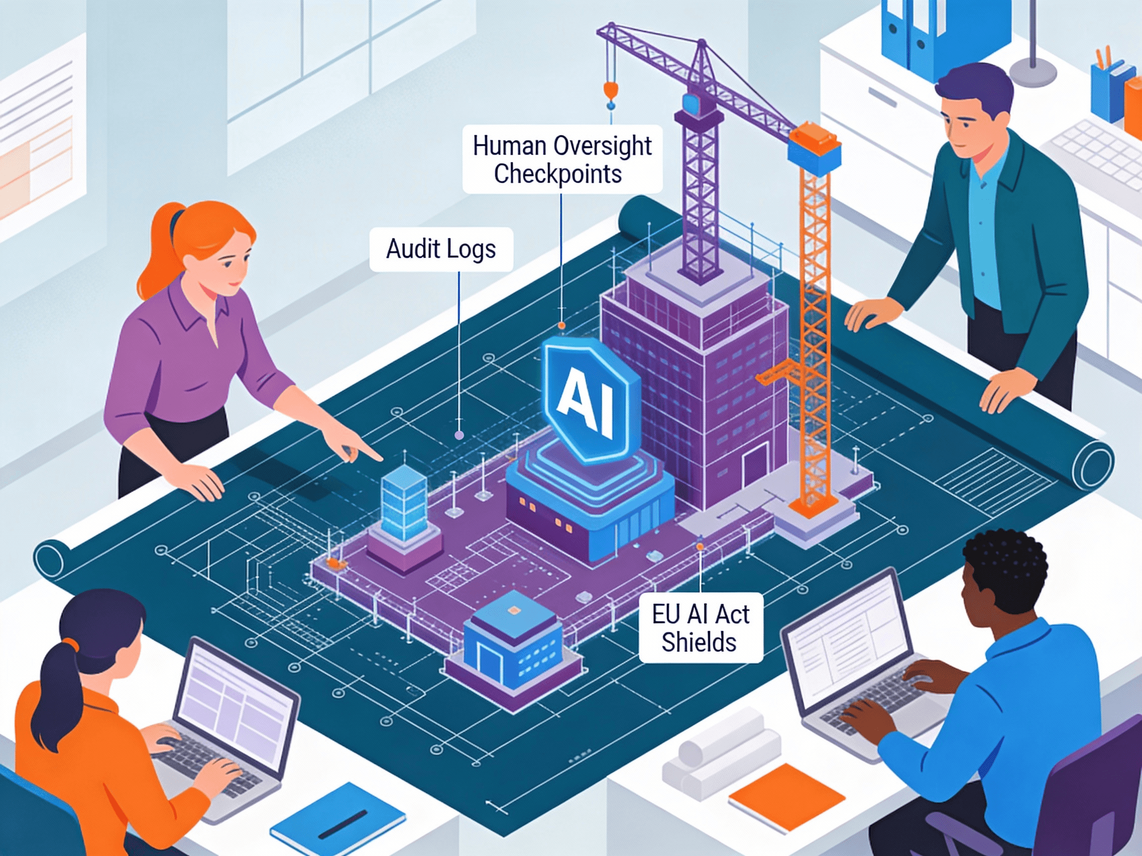 Illustration of an AI system blueprint with human oversight checkpoints, audit logs, and EU AI Act safeguards, showing teams collaboratively building and governing a compliant AI architecture.