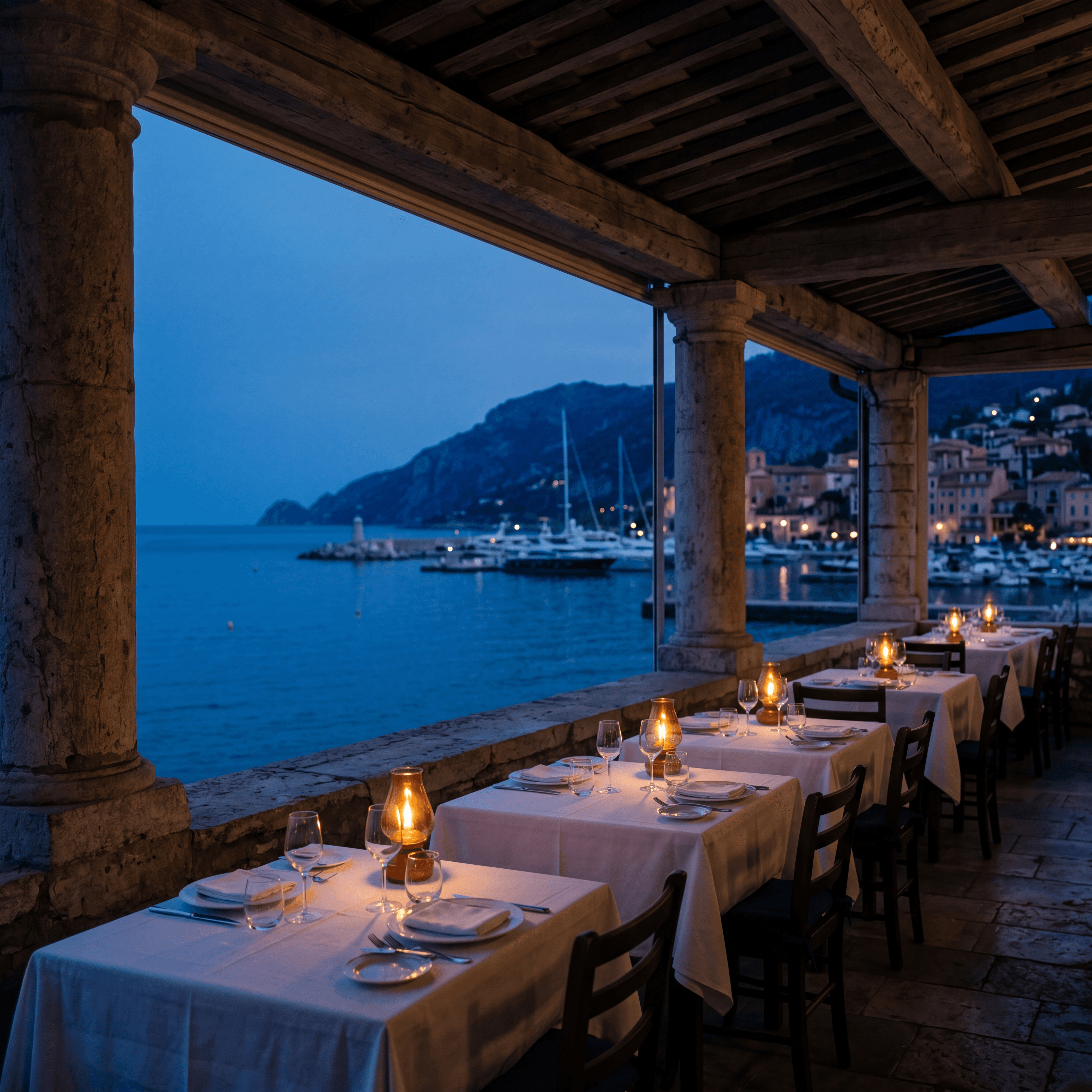Evening dining terrace overlooking the Riviera coastline
