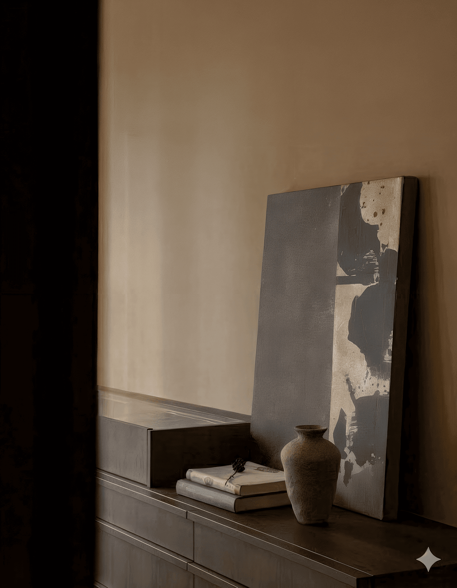 A person holding a wooden tray with two ceramic cups on it