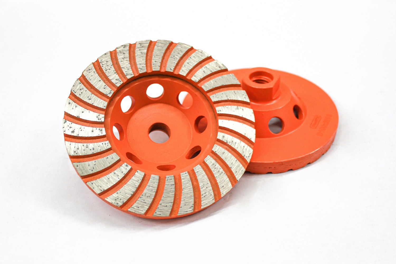 Full view of a Diamond grinding cup wheel with an orange segmented design for grinding concrete and stone.