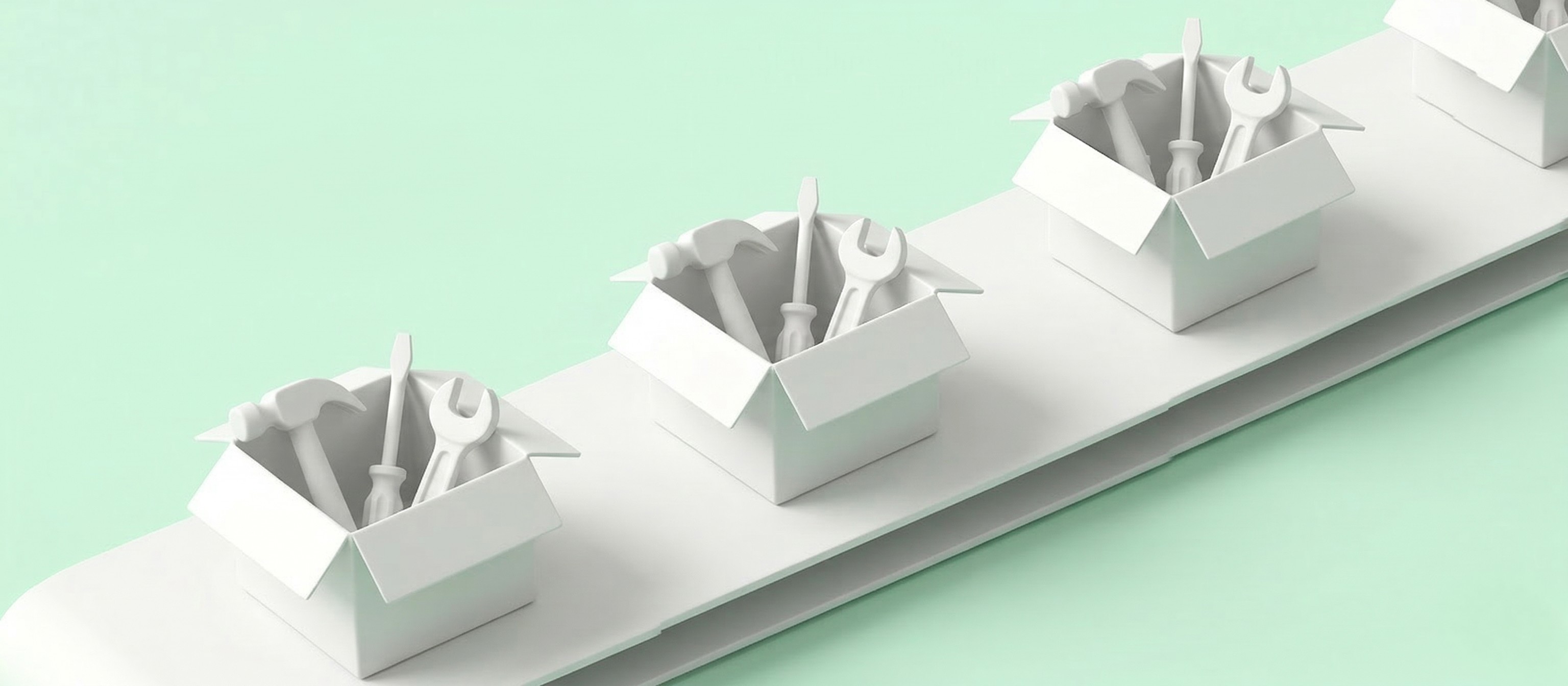 Boxes of tools on a conveyor belt