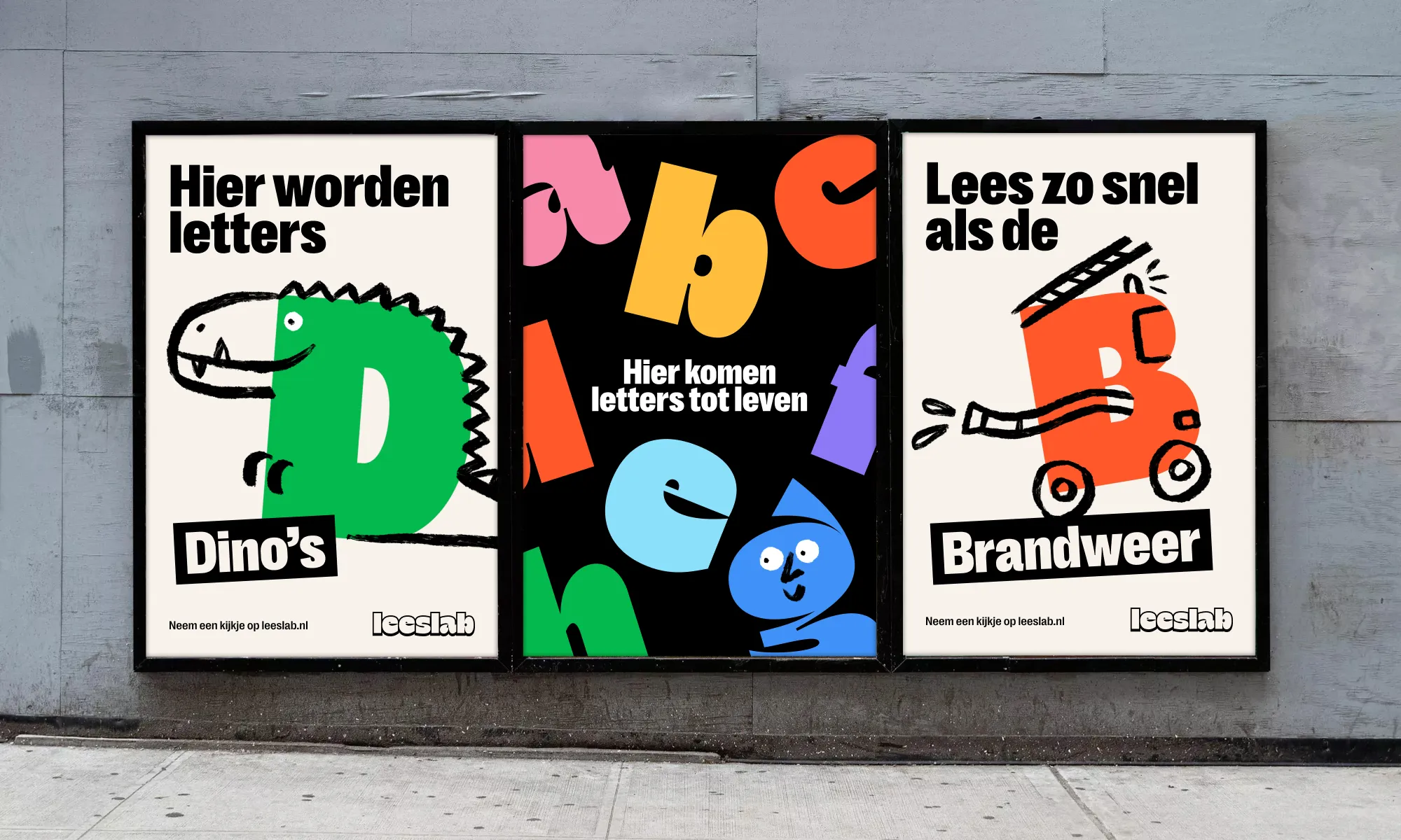 Three posters with colorful letters and cartoon animals promoting literacy for children.