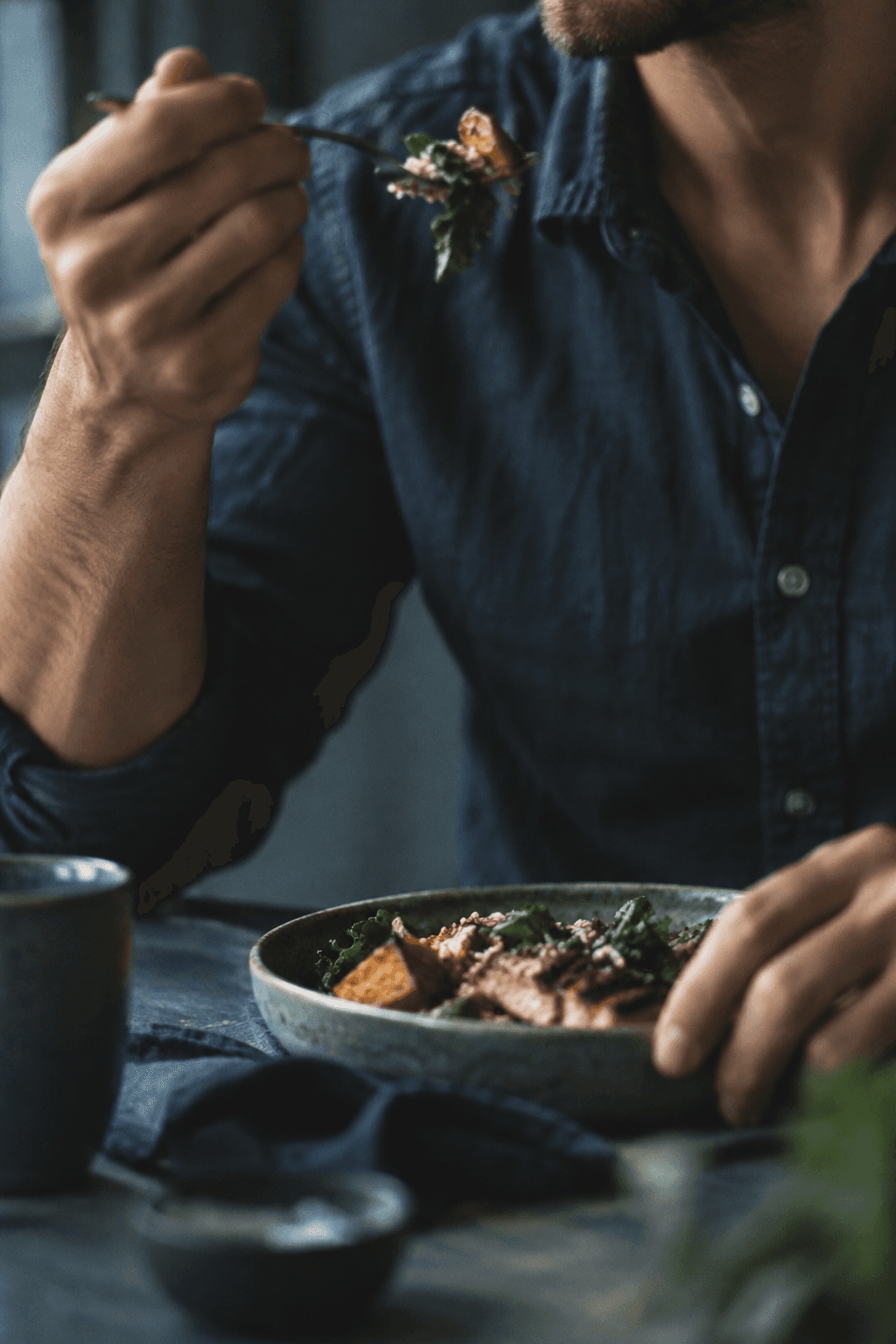 Close-up of a man eating lunch