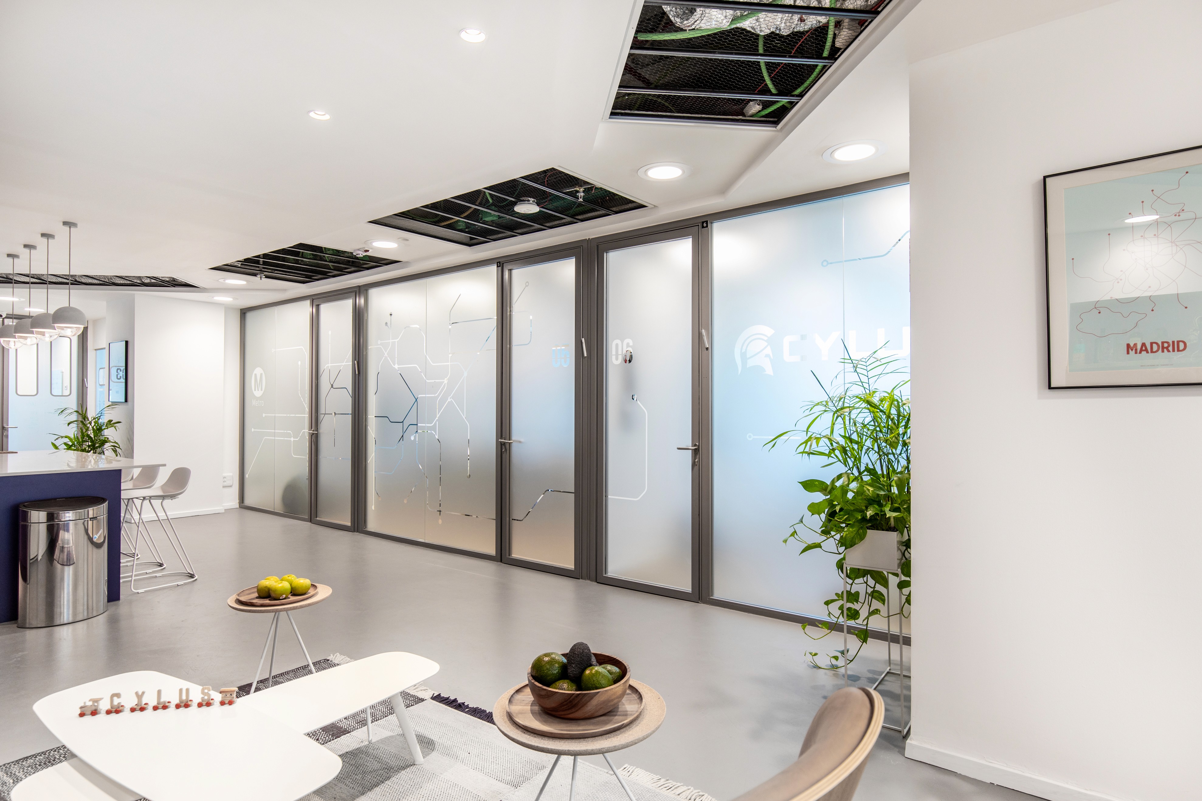 חדר ישיבות עם פתרון אקוסטי מתקדם – תקרת באפלים (Baffles) צבעונית ומחיצות זכוכית לבידוד רעשים