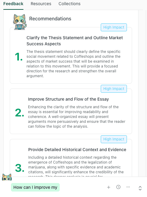 A screenshot of the thesify "Recommendations" panel showing three high-impact formative feedback suggestions: clarifying a thesis statement, improving essay structure and flow, and providing detailed historical context with academic citations.