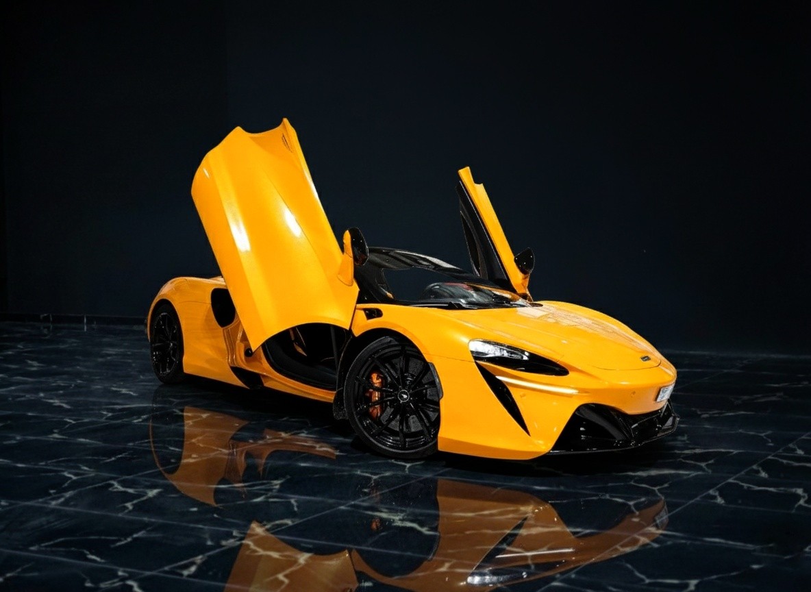 McLaren Artura 2024 orange front right exterior view available for rent at Queen of Supercar Rental Dubai