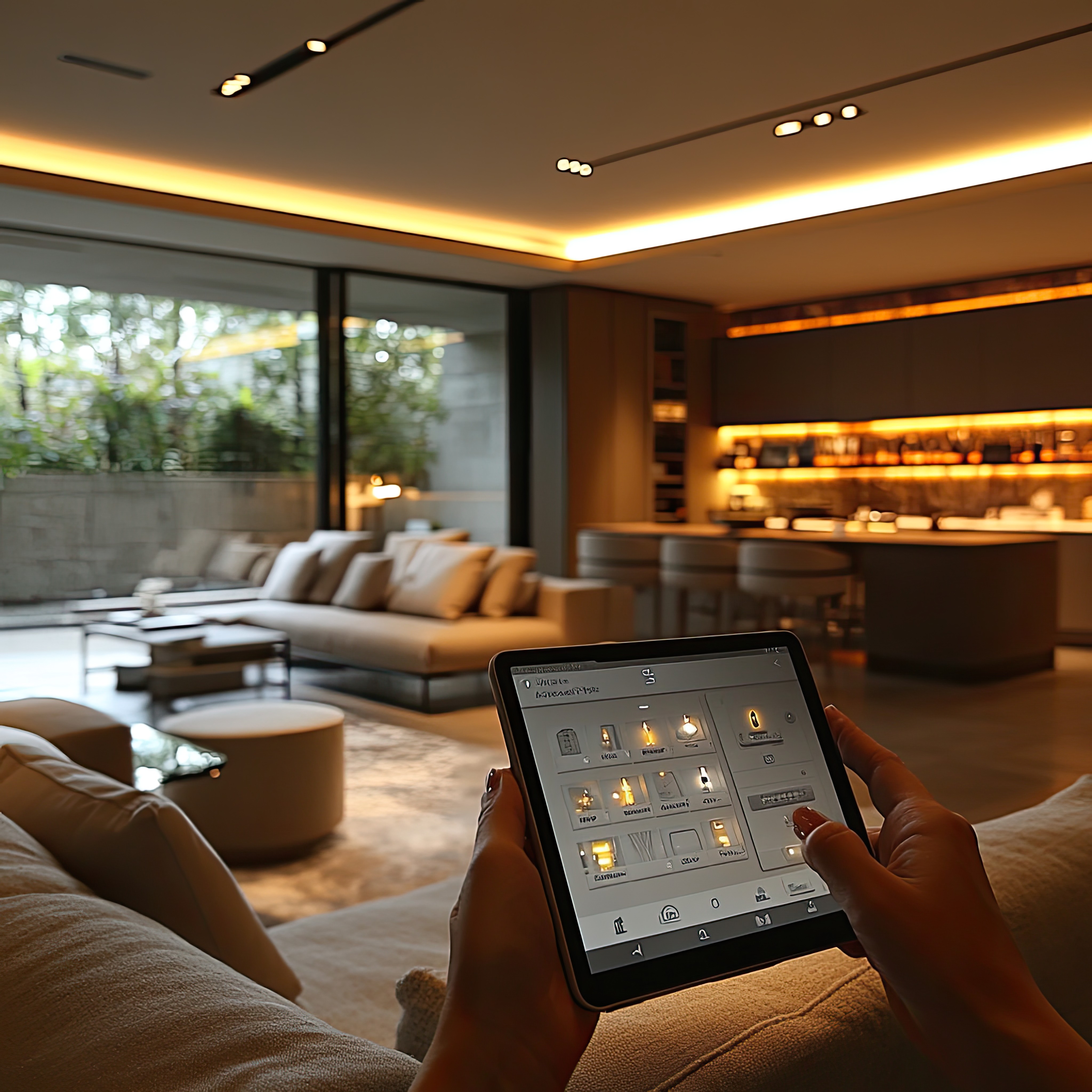 A person uses a tablet to control smart home features in a modern, warmly lit living room, featuring large windows and a cozy seating area.
