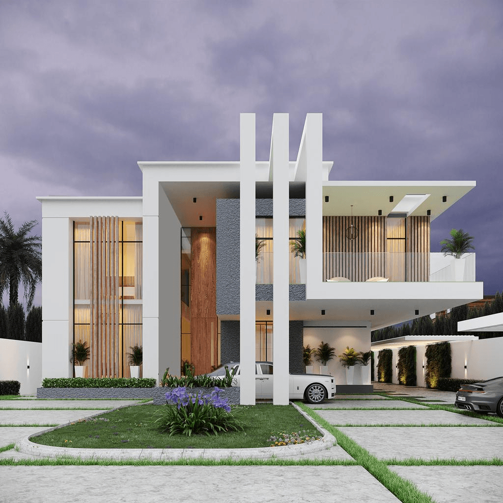 Modern living room with abstract art, beige sectional sofa, indoor plants, and large windows.